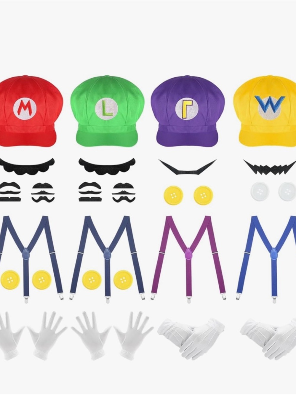 Mario Luigi Wario Waluigi Cosplay Set Hats Mustache Buttons Suspenders